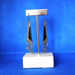 VINTAGE ART DECO STYLE 925 SILVER EAR RINGS WITH BLACK ONYX STONES.